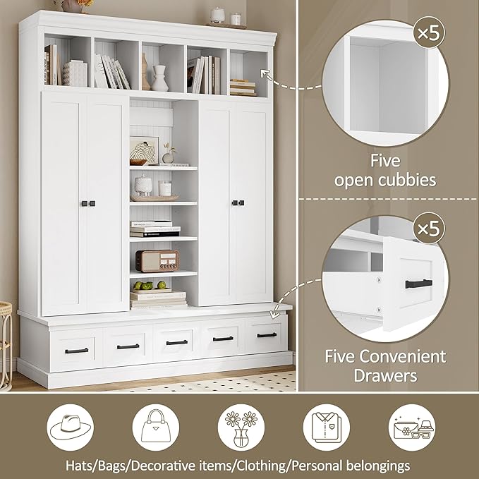 Modern Hall Tree with Bench and 5 Storage Cubbies, 5 Drawers and Adjustable Shelves, 78.7''H Hall Tree Entryway Storage Organizer Cabinet with 4 Doors for Hallway, Entryway, Living Room (White/506)
