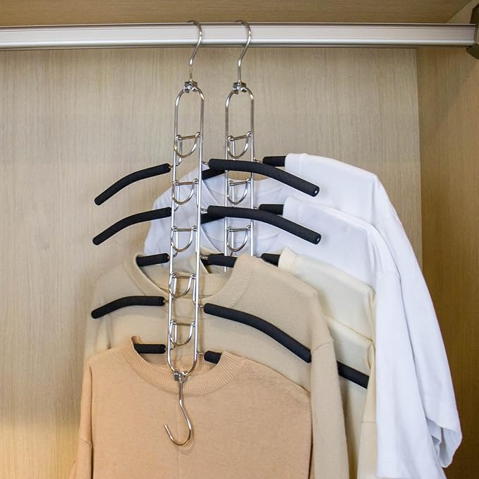 4 Pack 5-in-1 Anti Slip Stainless Metal Clothes Hange,Space Saving Thin Shirt Hangers,Multi Layers Magic Sweater Hanger,Used for Wardrobe Organizer or Vacation and Business Trips