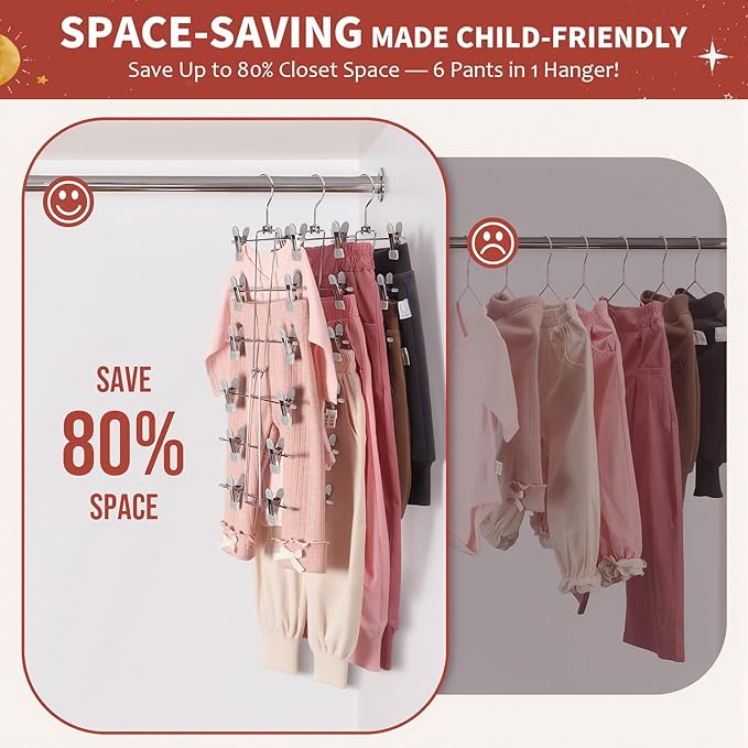 DOIOWN 6-Tier Baby Hangers with Clips - Space Saving Kids Pants Hangers for Babies & Kids Pant,Clothe,Adjustable Toddler Clothes Hanger for Newborn Children Closet Organization Gray 4Pack