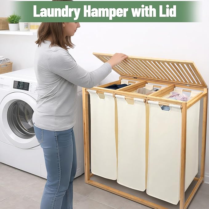 Bamboo Laundry Hamper 3 Section with Lid, 150L Laundry Sorter with Pull-Out Removable Washable Bags, 3 × 12.5 Gal Divided Laundry Baskets for Laundry Room, Bathroom (Beige)