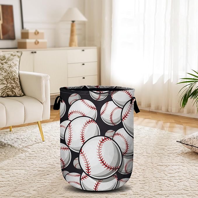 Baseball Softball Laundry Basket, Ball Laundry Hamper Collapsible Oxford Cloth with Handle Clothes Toy Storage Bin for Bathroom Laundry Room Bedroom 15.7 X 20 Inch