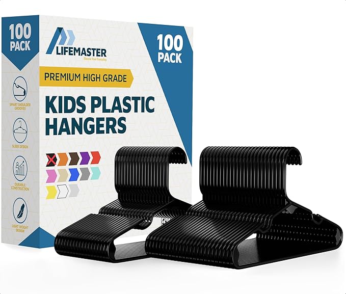 Lifemaster Plastic Kids Clothes Hanger – Children Clothes Hanger with Shoulder Notch, 11.6 Inch Space-Saving Closet Organizer for Baby, Toddler, and Kids Clothing, Hold Up To 5 lbs, Pack of 100, Black