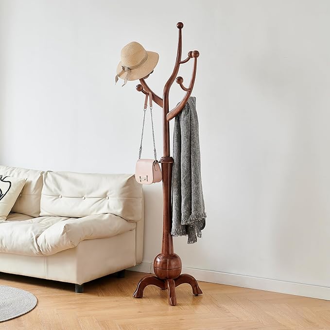 Wood Freestanding Coat Rack with 8 Hooks Wooden Hat Coat Tree Standing Clothes Hanger with Sturdy Sphere Base and Tree Branch Hooks 160lb Load Capacity for Entryway Hallway Bedroom, Walnut