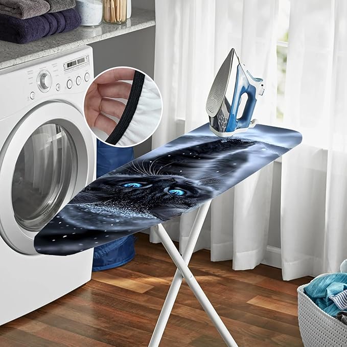 Nuxovilar Snowy Black Cat with Blue Eyes Ironing Board Cover, 15 * 54inch, Fits Most Standard Boards, Ironing Accessory, Home Decor