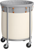 SONGMICS 29-Gallon (110 L) Laundry Basket with Wheels, Rolling Round Heavy-Duty Laundry Hamper Cart with Steel Frame and Removable Bag, 2 Locking Wheels, Dove Gray and Cream White URLS002GD02