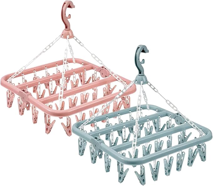 2 Pack Foldable Clothes Drying Hanger with 32 Clips, Clip and Drip Hangers Clothes Drying Rack, Underwear Hangers for Drying, Laundry Clothes Hanger for Drying Socks Lingerie Baby Clothes Towels Bras