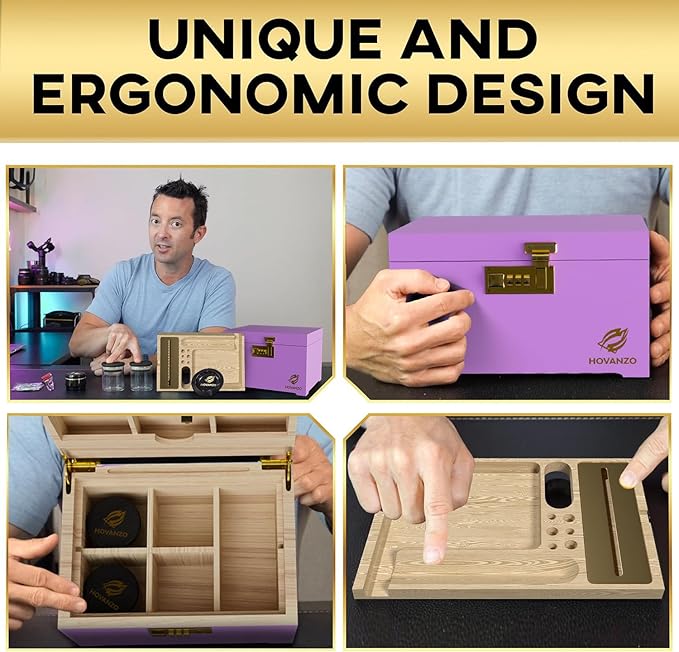 HOVANZO Premium Large Bamboo Storage Box with Removable Tray - Storage Wood Box for Herbs and Accessories - Storage Box Set with Combination Lock - Smell Proof Container with Accessories