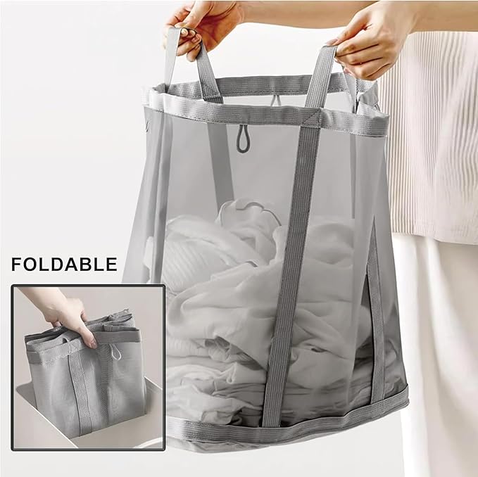 Mesh Bag with Handles, Collapsible Laundry Basket, Foldable Laundry Bag, Breathable Folding Beach Bag,Space-saving Travel Tote Bags (2, Brown)