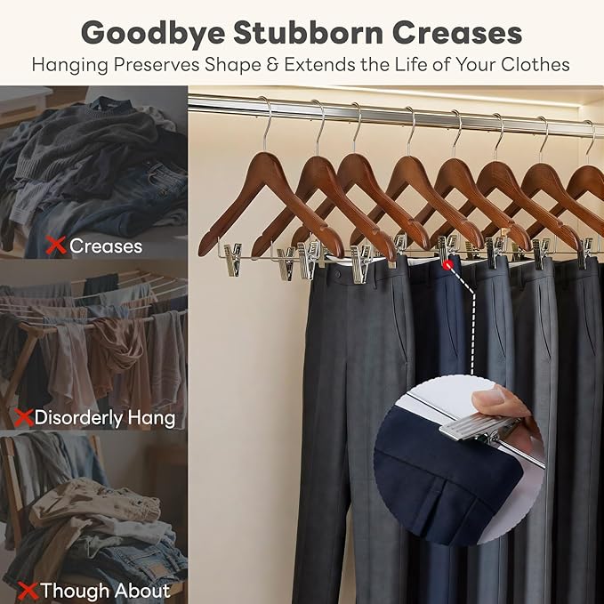 HOUSE DAY Wooden Hangers with Clips 24 Pack, Heavy Duty Walnut Wood Pants Hanger, Premium Skirt Hanger with Adjustable Clips, Solid Clip Hangers for Suit, Blouse, Dress, Coat, Jacket, Bottom