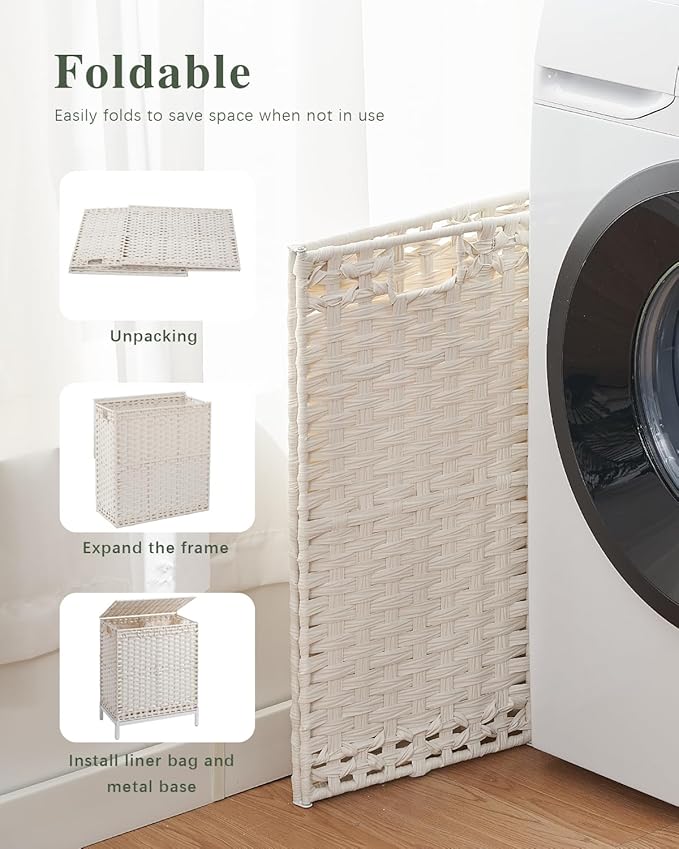 Laundry Hamper with Lid,112 L Handwoven Rattan Wicker Laundry Basket, 2 Removable Liner Bags Metal Heightened Feet,6 Mesh Bags,2 Section Large Clothes Hamper for Bathroom Bedroom, Cloud White