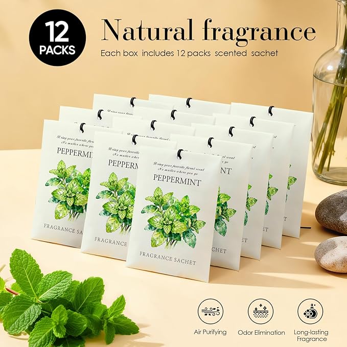 Mint Scented Sachet Bags - 12 Pack Closet & Drawer Freshener, Long Lasting Odor Eliminator for Wardrobes, Cars & Storage, Home Fragrance Air Freshener Sachets