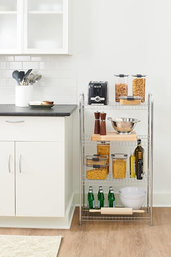 Rubbermaid 4-Tier Heavy Duty Wire Shelf, Satin Nickel, Easy Assemble with Hardware Included, for Food/Laundry/Closet Home Storage Use