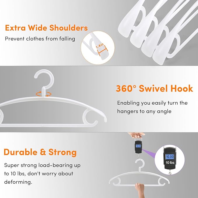 DEDU Plastic Clothes Hangers 20 Pack, Extra Thick Wide Shoulder Coat Hangers with 360° Swivel Hook Non Slip, Sweater Hangers Suit Hanger for Suits, Sweater, Dresses, Pants (White)