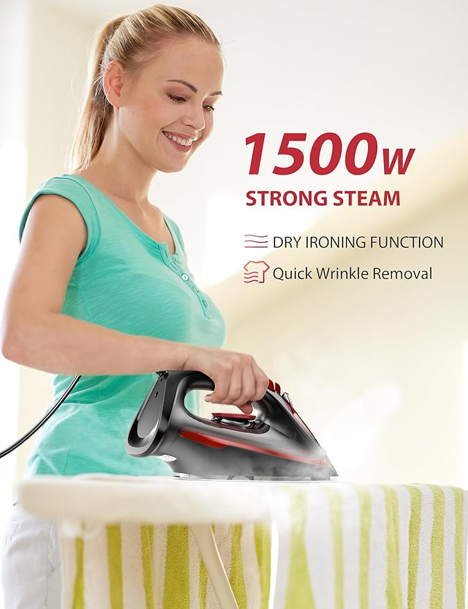 Sundu Steam Iron for Clothes with Rapid Heating Ceramic Coated Soleplate,1500W with Precise Thermostat Dial,Self-Cleaning, Auto-Off,11.84oz Water Tank for Home Clothes Ironing Use,Red