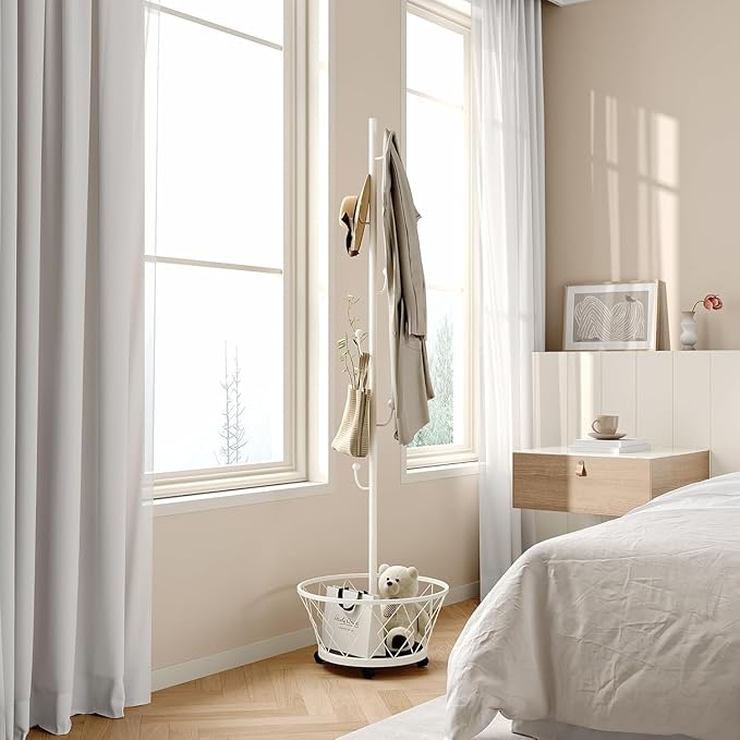 White Cactus shaped Coat Rack Hanger Freestanding, Metal Clothes Rack with Basket 6 Hooks to Hang Clothes, Hat, Bag for Entryway, Hallway, Bedroom
