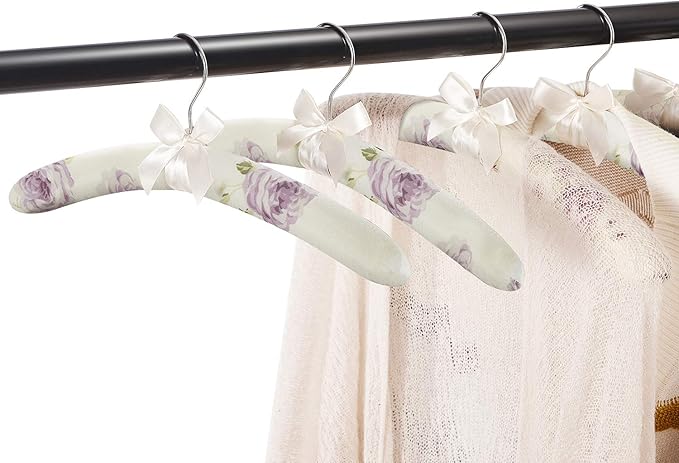 GLCON Satin Padded Hangers for Women Clothing - Floral Sweater Hangers No Bump - Padded Coat Hanger for Wedding - Thick Foam Silk Clothes Hanger for Adult (Pack of 5)