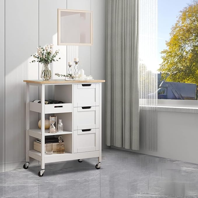 YITAHOME Small Solid Wood Top Kitchen Island Cart on Wheels with Storage, Rolling Portable Dining Room Serving Utility Carts Mobile Movable with 3 Drawers Cabinet, Oak & White