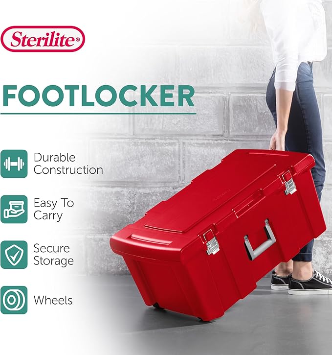 Sterilite Wheeled Footlocker, Lockable Plastic Utility Storage Bin with Lid, Red - Heavy-Duty Organizing Containers for Home, Office, Garage, and Basement