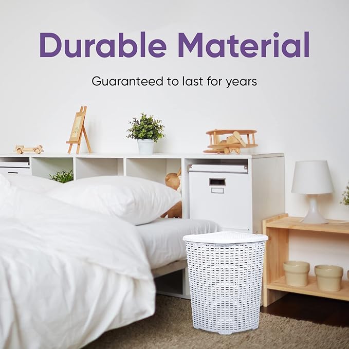 Plastic Corner Laundry Hamper with Lid, Curved Designed Laundry Basket, 2 Pack Triangle White Cloths Hamper Organizer with Cut-out Handles for Laundry Room Bedroom Bathroom, Wicker Design, 50 Liter