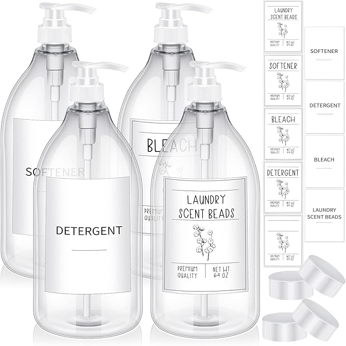 Nuenen Laundry Detergent Dispenser for Fabric Plastic Pump Laundry Soap Detergent Dispenser with Lids and 36 Labels for Farmhouse Decor, White 64oz Set of 4(White)