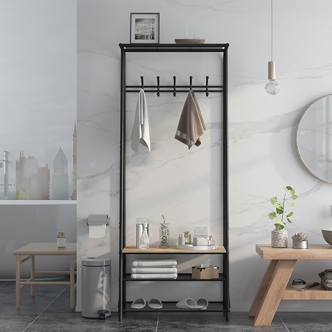 Coat Rack Shoe Bench with Single-Row 5 Hooks 60cm Width, 3-Tier Shelf Entryway Hall Tree with Storage, Metal Frame Multifunctional Organizer, 4-in-1 Coat Rack for Bathroom, Hallway.Grey.