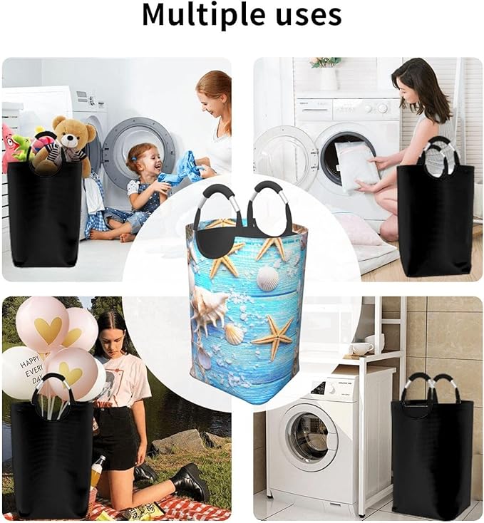 Beach Wooden Starfish Laundry Basket Seashell Laundry Hamper Blue Collapsible Baskets with Handle Laundry Bag Dirty Clothes Hamper Bag for Dorm Family Bathroom Decor Storage 50L