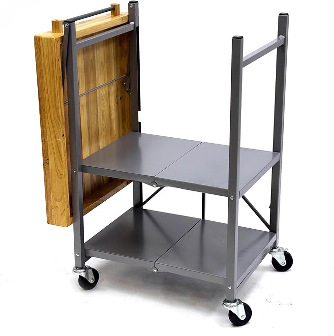 Origami Foldable Kitchen Island Cart, Rolling Storage Table Organizer with Wheels, Silver