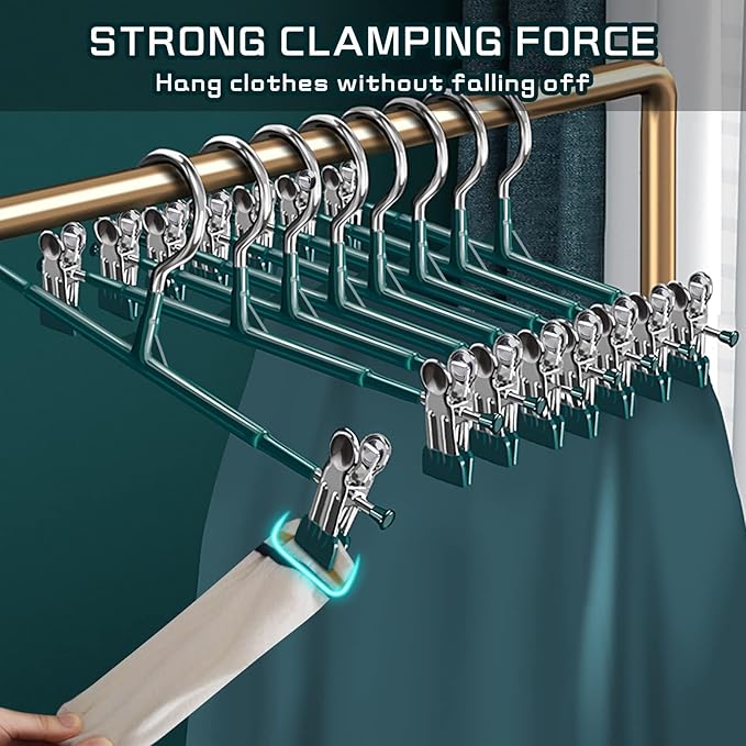 50PACK Pants Hangers with Clips Adjustable Skirt Hangers for Women Metal Non-Slip Trousers Hanger Heavy Duty Space Saving Clothes Hanger for Shorts,Jeans,12Inch,Green
