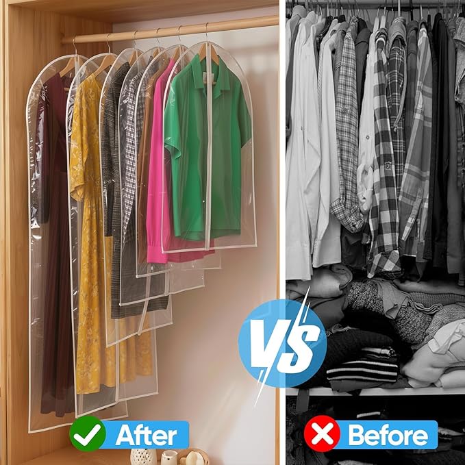 60” All Clear Garment Bags for Travel - PEVA Waterproof Suit Cover with Zipper for Hanging Clothes, long Gowns - Durable Dresser for Closet Storage, Dustproof & Moisture Resistant - 60”/6 Pack