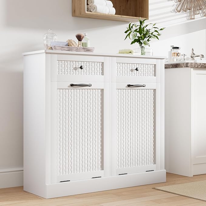 Double Tilt Out Laundry Hamper Cabinet, Rattan-Style Laundry Room Organization with Removable Laundry Basket, Hidden Wood Dirty Clothes Hamper with Drawers, 39" L x 13" W x 35.8" H, White
