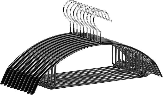 Premium PVC Sweater Hangers 10 Pack Heavy Duty- Non Slip No Shoulder Bump Suit Hanger -Chrome Hooks,Space Saving Clothes Rounded Shape for Coat,Jackets,Pants,Golf T Shirts (10, Silver/Black)