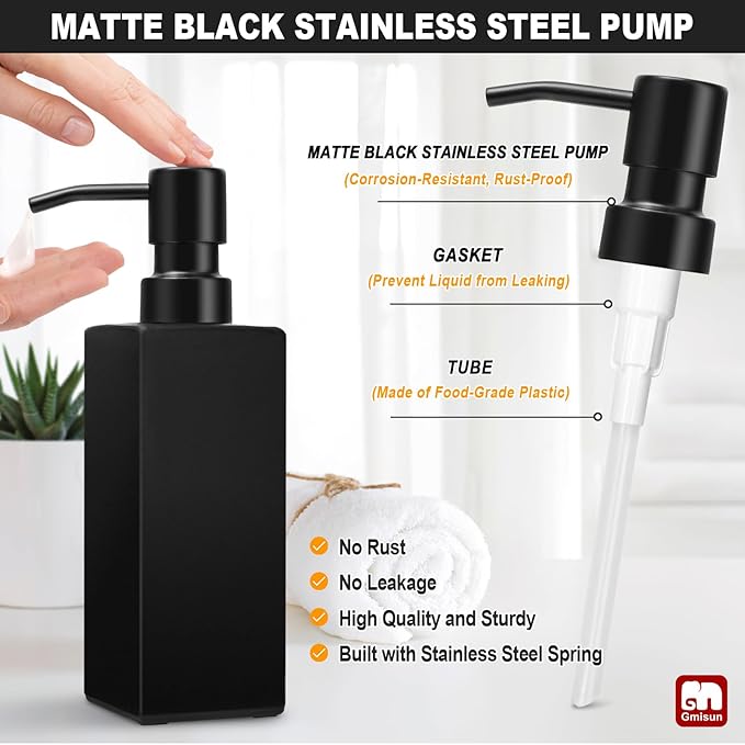 GMISUN Black Soap Dispenser, Hand Soap Dispenser Bathroom, 12 fl oz/350ml Glass Soap Dispensers with Stainless Steel Pump, Refillable Liquid Dish Dispensers for Kitchen, Modern Soap and Lotion Bottle