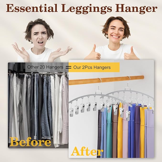 2 Pack Legging Organizer for Closet 360° Swivel, Metal Gym Clothes Organizer w/20 Clips Holds 20 Leggings, Hangers Space Saving, Closet Organizers and Storage, Room Organization Essentials, Grey