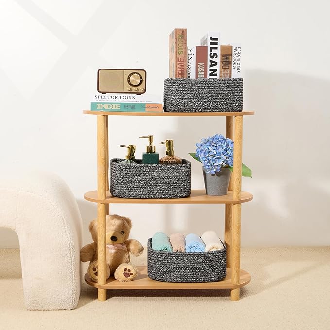 Small Storage Baskets for Organizing | Closet Organizer Bins | Shelf Toy Basket | Woven Rope Baskets | Cube Decorative Box | Shallow Basket | 11.5x7.5x4.7” | 3 Packs Dark Gray