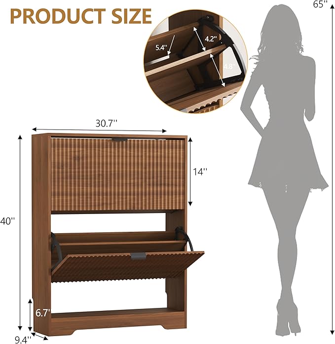 Shoe Cabinet Storage for Entryway with 2 Flip Drawers, Walnut Fluted Shoe Cabinet with Open Storage, Wooden Hidden Shoe Rack Freestanding Narrow Slim Shoes Organizer for Hallway, Entrance
