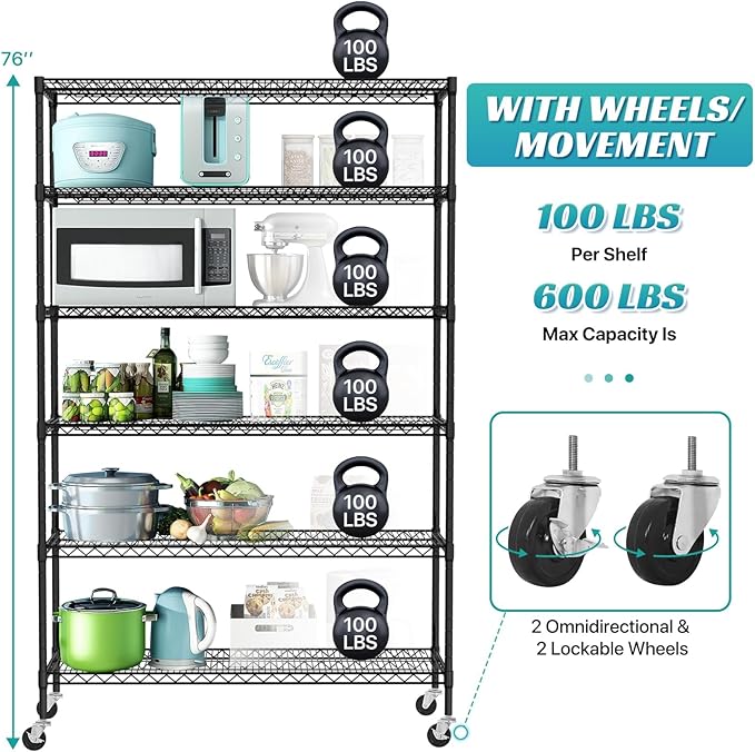 6-Tier Heavy Duty Wire Shelving Unit with Wheels or Leveling Feet, 6000 LBS Total Capacity, Adjustable Metal Storage Rack for Garage, Pantry, Kitchen, Basement, 48" W x 18" D x 76" H, Black