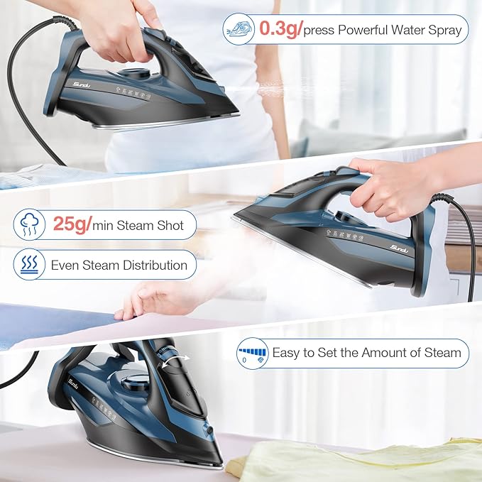 Steam Iron for Clothes 12s Fast Heat-up, 1500W Iron with 13.21oz Water Tank, 3-Way Auto shutoff, Burst Steam, Spray Mist, Anti-Drip, Self-Cleaning, Vertical Ironing for Home