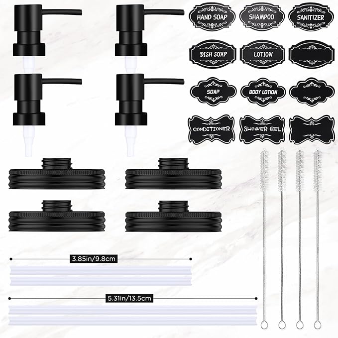 Mason Jar Soap Dispenser Set, Rustproof Plastic Lotion Pump and Lids Accessories for Regular Mouth Mason Jar and Farmhouse Kitchen Counter Decor- 4 Pack Black