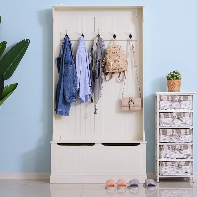 HOMCOM Hall Tree with Bench and Shoe Storage, 3-In-1 Entryway Bench with Coat Rack, 5 Hooks and Flip Top Storage Compartment, Cream White