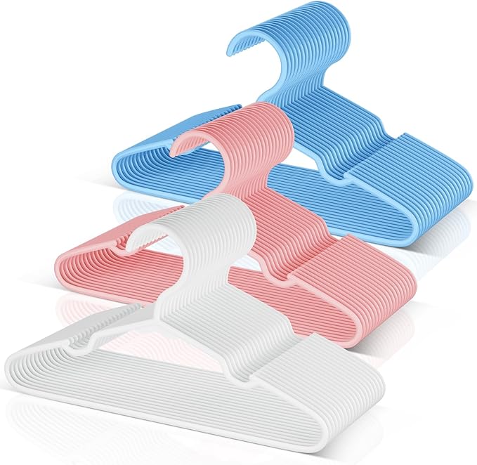 VTRIN Baby Hangers 60 Pack Large Capacity Hard Plastic Kids Hangers Suitable for All Clothes of Infant and Toddler, Such as Short, Shirts and Thick Coats White 20, Bule 20 and Pink 20