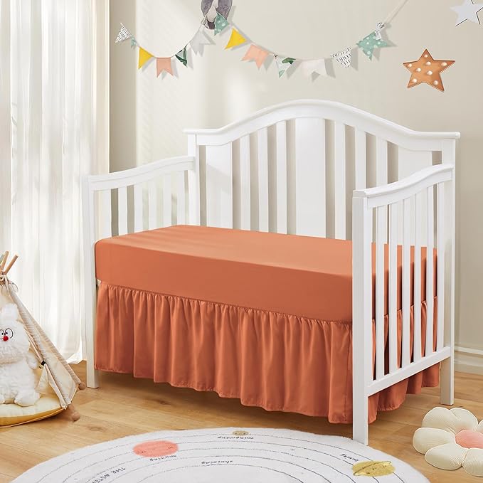 SiinvdaBZX 2-Piece Set Ruffled Crib Skirt & Soft Microfiber Fitted Crib Sheet, 52"x28" + Adjustable Elastic 14" Drop, Fit for Baby Standard Crib & Nursery Toddler Bedding (Rust Orange)