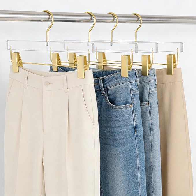 Besser Gold Acrylic Hangers,20 Pack Clear Hangers with Gold Hooks,Luxurious Skirt Pants Hangers Gold Clips for Clothing Closet Storage