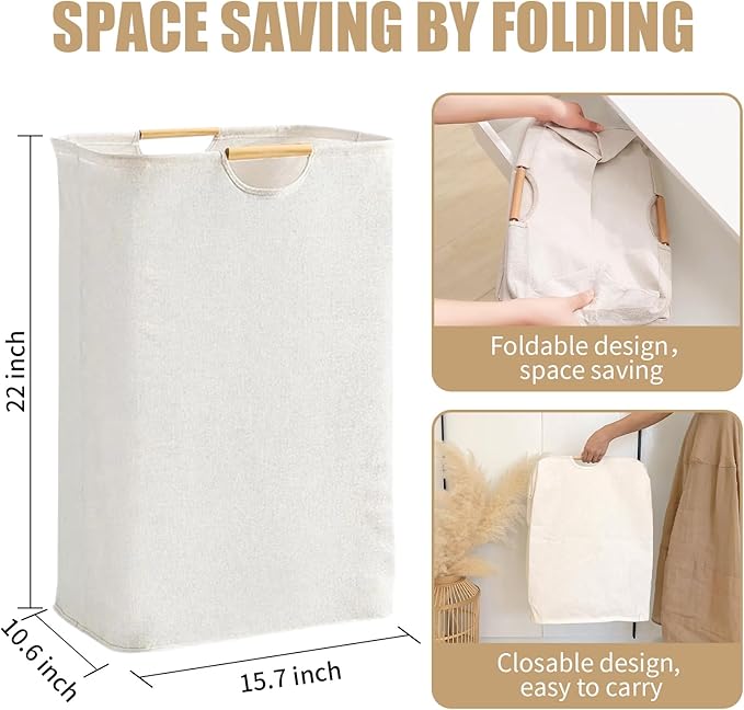 3-Pack 65L Collapsible Laundry Basket with Wooden Handles, Ideal for Tidying Clothes, Blankets and Toys,Laundry Hamper Perfect for Bedroom, Bathroom, and Living Room Organization (Solid Color Set)