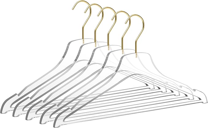 Quality Hangers Acrylic Clear Lucite Hangers - 5-Pack with Bar Matte Gold Hooks - Hangers for Clothes Like Pants Suits Jackets and Shirts - Closet and Wardrobe Organization