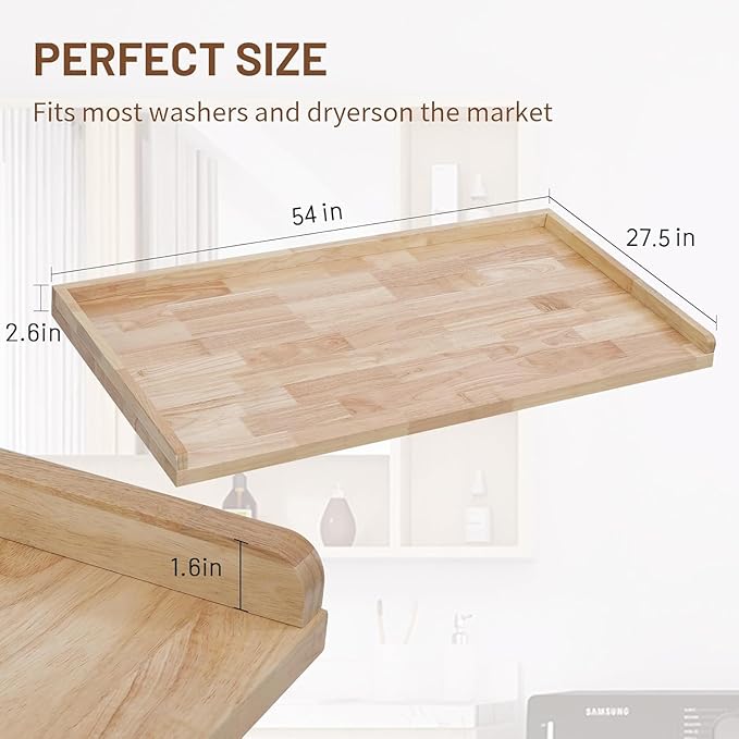 Washer Dryer Countertop, 100% Natural Wood, Laundry Countertop Over Washer and Dryer, Laundry Machine Topper for Front Loaders, Fits All Major Brands, Anti Vibration Pads, 54” x 27.5" Black