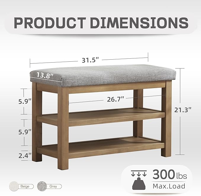 Shoe Rack Bench with Cushion, 2 Tier Solid Wood Storage Bench, Mid-Century Modern Shoe Bench for Entryway, Hallway, Closet, Front Door Entrance, Foyer (Grey, 31.5")
