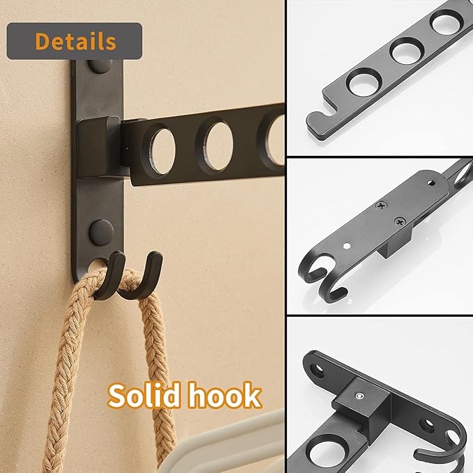 JOOM Retractable Folding Wall Mounted Clothes Hanger Rack Clothes Storage Organizer Laundry Coat Hanger Sturdy Hanging Dryer Rack (one Pack, Black)