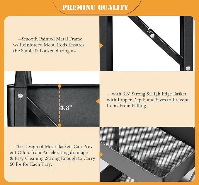 Foldable Rolling Cart 3 Tier Utility Storage Cart No Assembly Metal Heavy Duty Kitchen Carts Folding on Wheels Trolley Organizer Cart with Cup and Hooks for Office/Classroom/Dorm(Black)