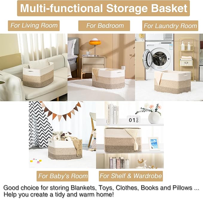 Large Rectangle Blanket Basket, Large Storage Basket for Organizing, Cotton Rope Woven Basket for Storage with Handles, Baby Nursery Living Room Bedroom, 22”x17”x12”, 75L