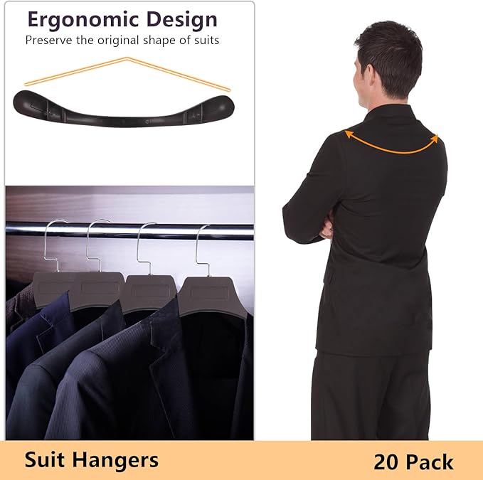 DEDU Suit Hangers for Men 20 Pack, Extra Wide Suit Hanger Non Slip Width 17.7", Thick Plastic Coat Hangers Brown with Metal Hook